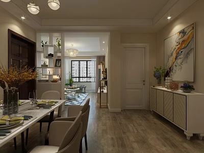 Elegant Modern Dining Room With Dining Table Chairs Pendant Lights And Decorative Painting 3d model
