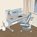 Modern Study Desk With Built in Bookshelf Books Lamp And Decorations And Matching Blue Chair