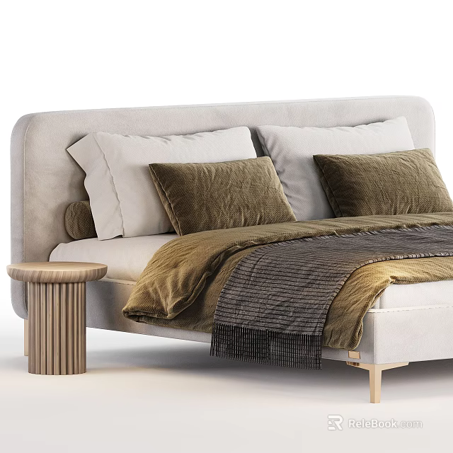 Elegant Modern Double Bed With Beige Headboard Brown Velvet Pillows And Gray Blanket 3d model 
