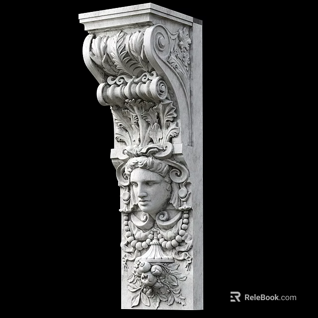 Intricate Carved Stone Column With Classical Face Sculpture And Ornamental Details 3d model 