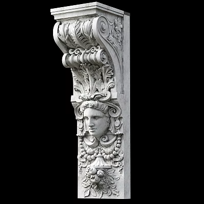 Intricate Carved Stone Column With Classical Face Sculpture And Ornamental Details 3d model