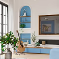 Bright Living Dining Room With Blue Wall Sofa Coffee Table And Ceiling Fan
