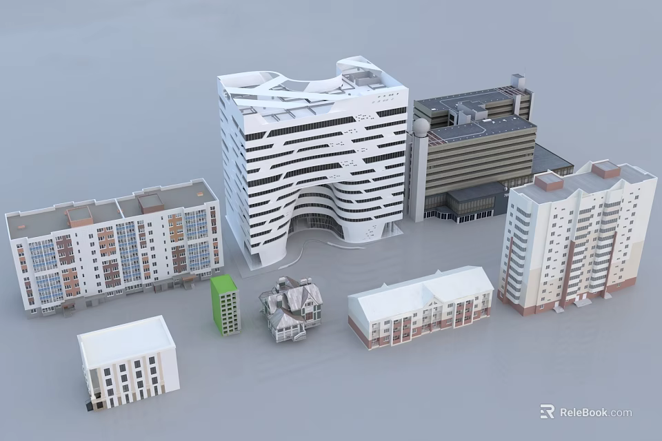 Different Styles of Miniature Architectural Models Including Modern High rise Traditional Multi story And Small Green Buildings 3d model 