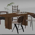 Wooden Dining Table With Different Design Chairs Green Plant And Modern Decor Items