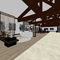 Spacious Interior Hall With Wooden Beam Ceiling And Black White Spiral Rug