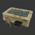 Stone Built Square Outdoor Fire Pit With Grill Grate And Wooden Dark Colored Side Stools