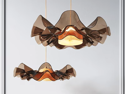 Modern Petal Shaped Brown Glass Chandeliers With Warm Light Hanging In Contemporary Space 3d model