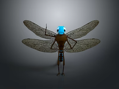 Detailed 3D Dragonfly Model With Blue Head Brown Body And Net Like Wings 3d model