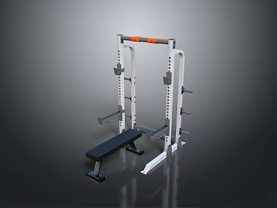 Sturdy White Fitness Squat Rack With Black Bench And Orange Accent 3d model