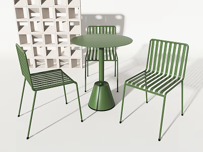 Modern Green Round Table And Striped Chairs Set With White Grid Shelf 3d model