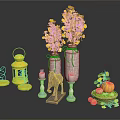 Decorative Ornament Set With Yellow Leaf Plants Vases Lanterns Candles And Pumpkin Decor