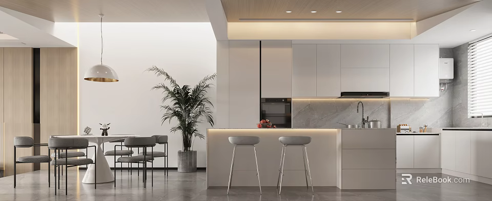 Modern Living Dining Room Interior With Open Concept Island Counter Dining Table And Potted Plant 3d model 