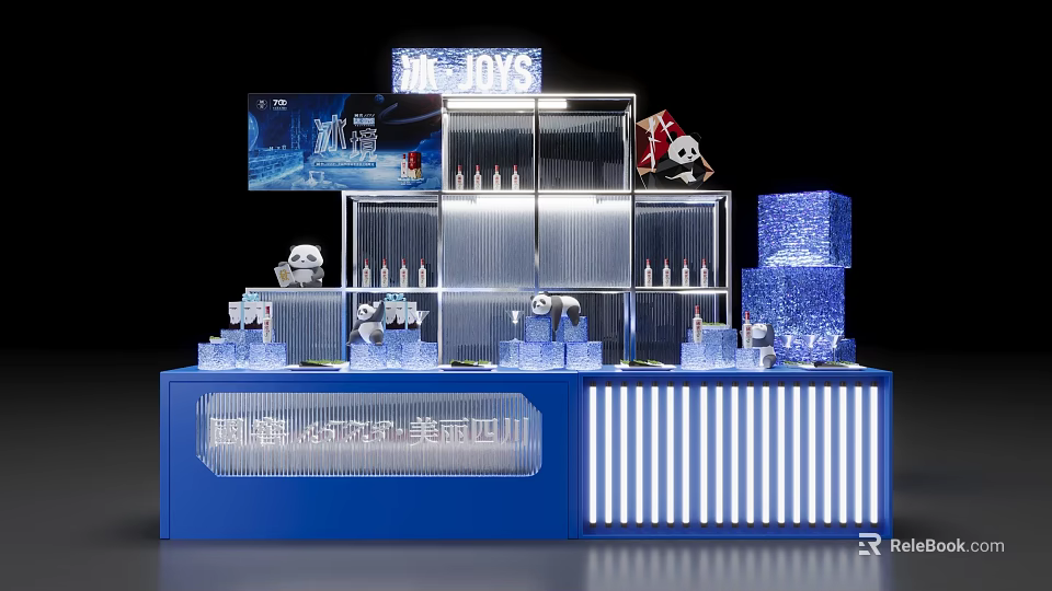 Ice JOYS Themed Photo Check-in Spot With Transparent Display Cabinets Panda Dolls And Blue Lighting 3d model 