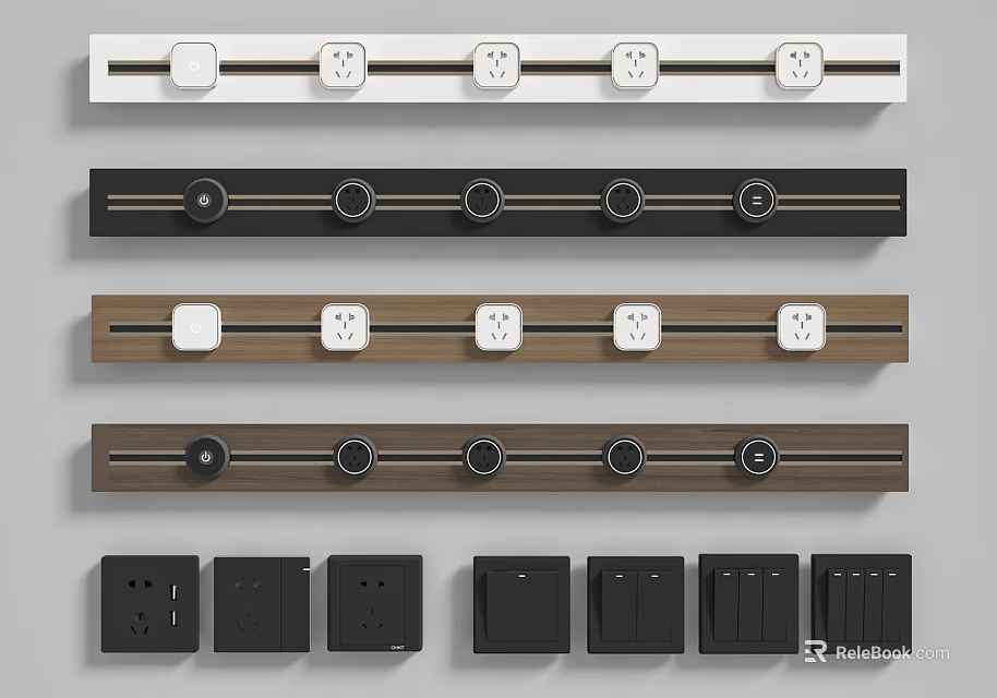 Modern Switch Panels in Various Colors Wooden Finish with Multiple Sockets and Sleek Designs 3d model 