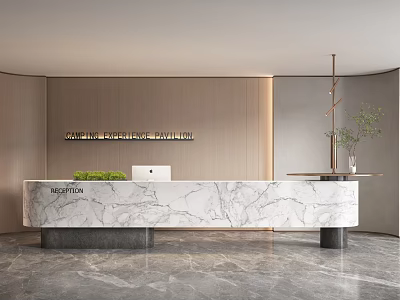 Modern Reception Area With Marble Desk Wooden Wall Company Name Sign Plant And Laptop 3d model