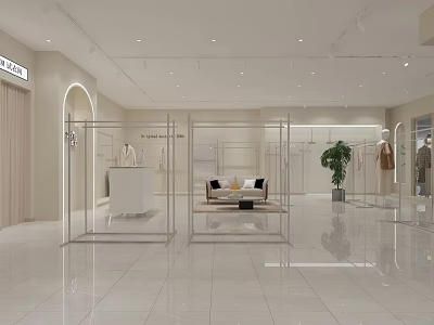 Modern Clothing Store Interior With Display Racks Mannequins Sofa And Green Plant 3d model