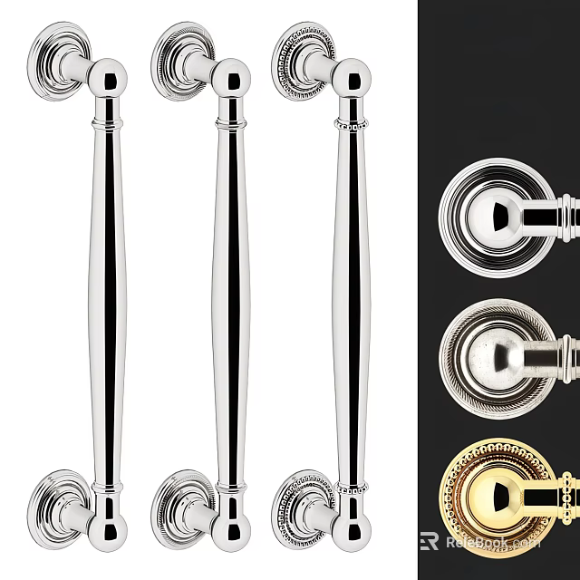 Multiple Shiny Stainless Steel Door Handles With Long Bar And Round Knob Designs 3d model 