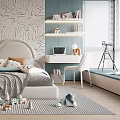 Modern Kids Room Design With Leaf Pattern Wallpaper White Headboard Desk Bookshelf And Blue Wardrobe
