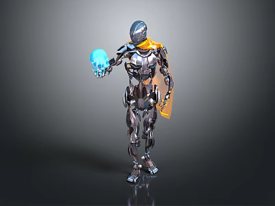 Silver Robot Standing With Yellow Cape Holding Blue Glowing Orb 3d model