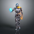 Silver Robot Standing With Yellow Cape Holding Blue Glowing Orb