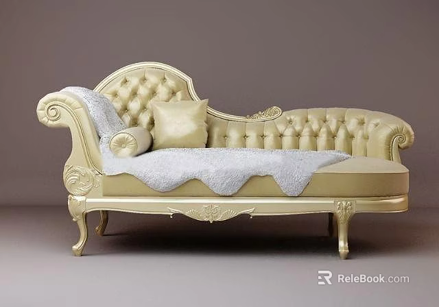 Luxurious Golden Chaise Lounge with Carved Frame Tufted Backrest White Blanket and Decorative Pillow 3d model 