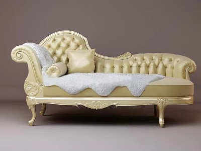Luxurious Golden Chaise Lounge with Carved Frame Tufted Backrest White Blanket and Decorative Pillow 3d model