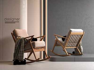 Modern Designer Wooden Rocking Chair With Comfortable Cushioned Seat And Plaid Blanket 3d model