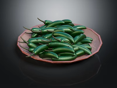 Fresh Green Chili Peppers Arranged on Brown Plate Against Dark Background 3d model