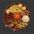 Grilled Chicken Platter With Fries Corn Sausages And Sauces On Red Plate