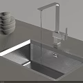 Stainless Steel Kitchen Sink With Faucet Running Water And Stacked Bowls On Counter