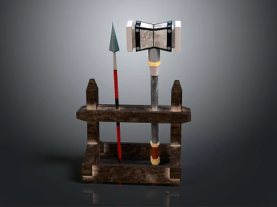 Medieval Wooden Rack With Red Shaft Spear Metal Axe And Hammer Tools 3d model