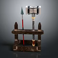 Medieval Wooden Rack With Red Shaft Spear Metal Axe And Hammer Tools