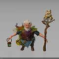 Wise Old Man With White Hair Beard Green Purple Clothes Lantern Owl Staff