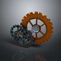 Mechanical Gear Combination With Large Orange And Small Dark Metallic Gears On Gray Background