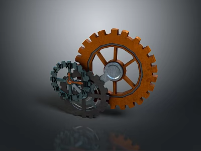 Mechanical Gear Combination With Large Orange And Small Dark Metallic Gears On Gray Background 3d model