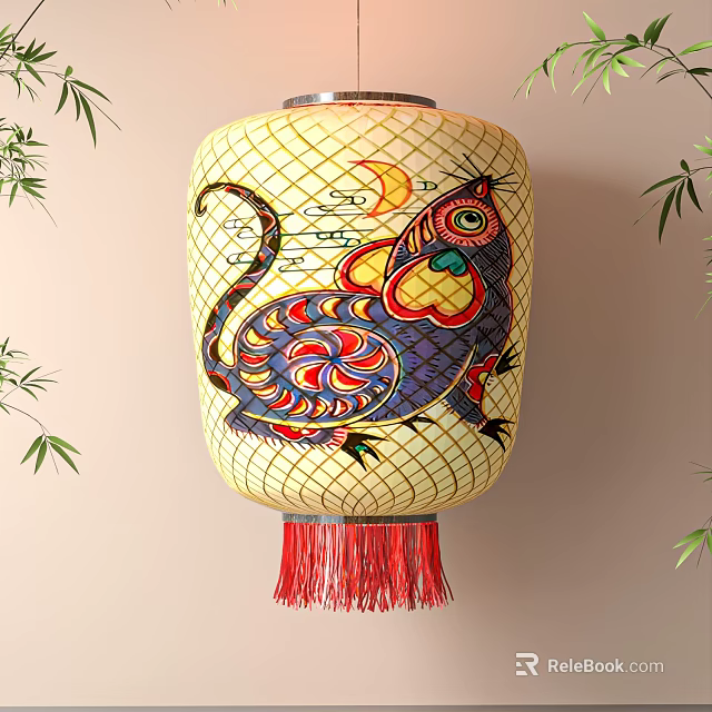 Traditional Chinese Lantern With Rat Pattern Yellow Grid And Red Tassels 3d model