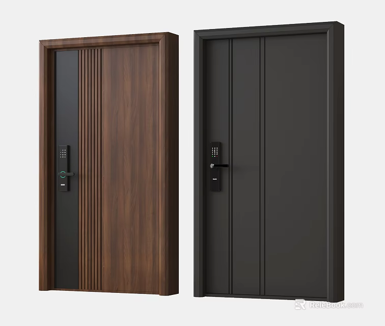 Modern Security Doors In Brown Wood Grain And Black With Minimalist Design And Secure Locks 3d model 