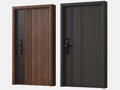 Modern Security Doors In Brown Wood Grain And Black With Minimalist Design And Secure Locks 3d model
