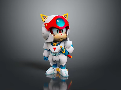3D Cartoon Character With Red Helmet Yellow Cat Ears And White Blue Outfit Holding Tool 3d model