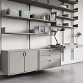 Steel-wood structure wall-hanging bookshelf combination desk and chair office desk and chair combination gray-white workbench study 3d model