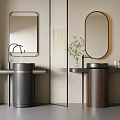 Modern Bathroom Interior With Silver And Brown Washbasins Round Square Mirrors Green Plant