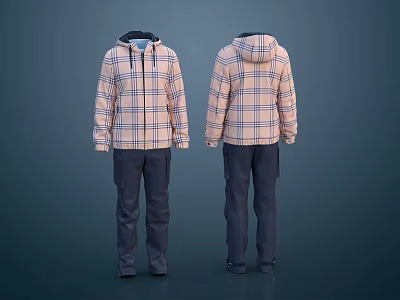 Hooded Plaid Jacket And Dark Pants Front Back View Fashion Casual Outfit 3d model
