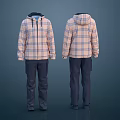 Hooded Plaid Jacket And Dark Pants Front Back View Fashion Casual Outfit