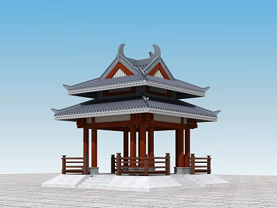 Traditional Chinese Style Pavilion With Double Layered Tile Roof Curved Eaves And Stone Base 3d model