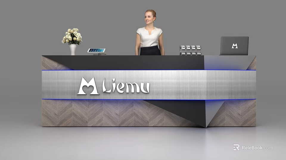 Modern Reception Desk With Liemu Logo Metal Panel Wood Grain Design Blue Lighting And Receptionist 3d model 