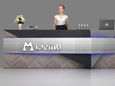 Modern Reception Desk With Liemu Logo Metal Panel Wood Grain Design Blue Lighting And Receptionist 3d model