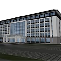 Modern Office Building Exterior With Large Windows Landscaping And Parking Area Under Blue Sky