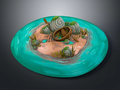 Turquoise Circular Water Surrounding Small Island With Wooden Boat Rocks And Grass Tufts 3d model