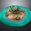 Turquoise Circular Water Surrounding Small Island With Wooden Boat Rocks And Grass Tufts