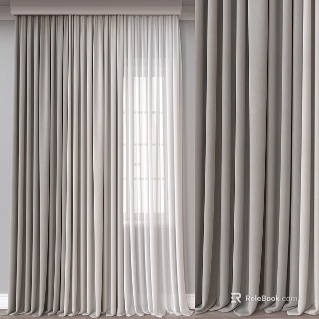 Modern Gray Curtains With Sheer White Panels For Living Room Window 3d model 